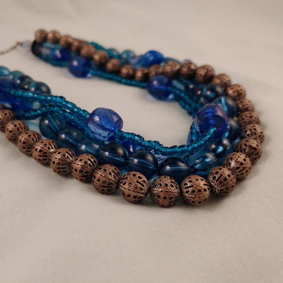 Multi-Strand Layered Beaded Necklace Blue Silver 5 Strands 15"-18" - Picture 7 of 8